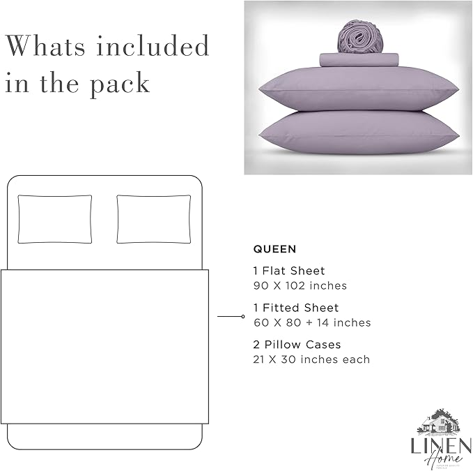 Linen Home Washed Cotton Percale Queen Sheet Set, Iris Lilac, Deep Pocket, 4 Pieces Bed Sheets - 1 Flat Sheet, 1 Fitted Sheet & 2 Envelope Closure Pillowcases, Cool and Comfortable Bed Linen - LeafyLoom