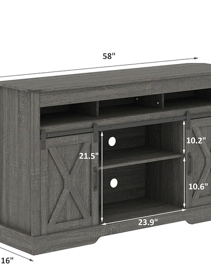 Farmhouse TV Stand with Sliding Barn Door for TVs up to 65+ Inch, 34" Tall Entertainment Center, Wood Media Console Storage Cabinet for Bedroom, Living Room, Dark Grey - LeafyLoom
