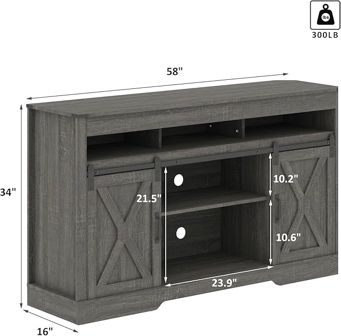 Farmhouse TV Stand with Sliding Barn Door for TVs up to 65+ Inch, 34" Tall Entertainment Center, Wood Media Console Storage Cabinet for Bedroom, Living Room, Dark Grey - LeafyLoom