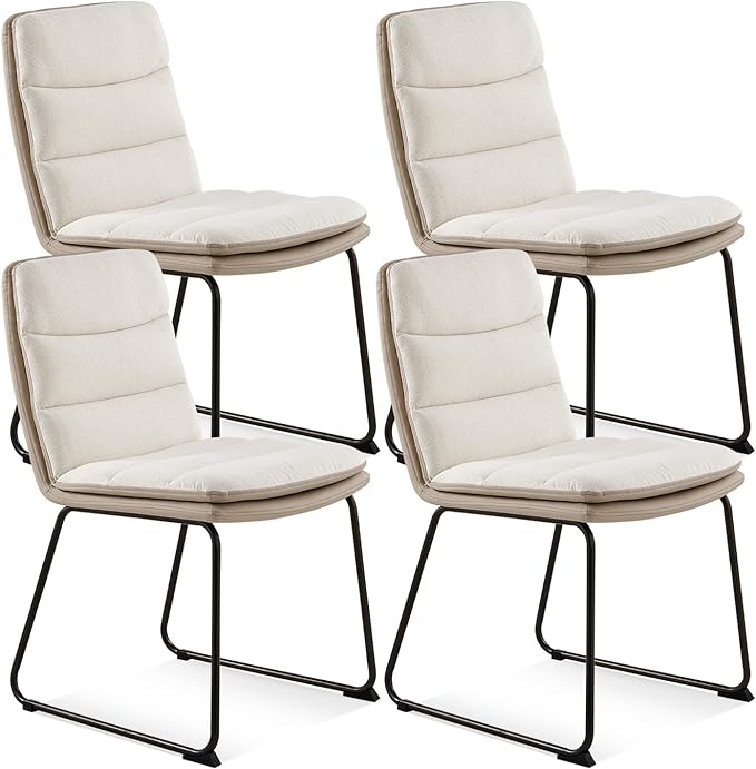 COLAMY Dining Chairs Set of 4, Modern Waffle Fabric Dining Chairs, Faux Leather Chairs with Back for Kitchen Dining Living Waiting Room, Cream - LeafyLoom