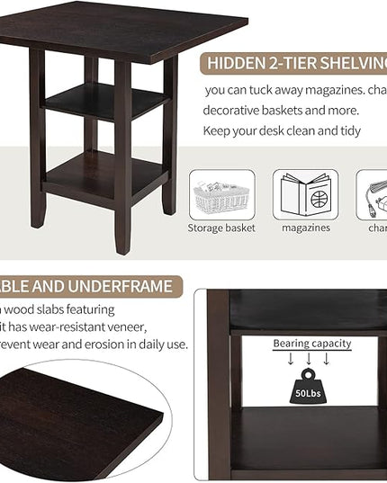 5 Piece Wooden Counter Height Set, Includes 1 Table, 4, Padded Chairs and Storage Shelving, for Dining, Living Room, Kitchen, Espresso - LeafyLoom