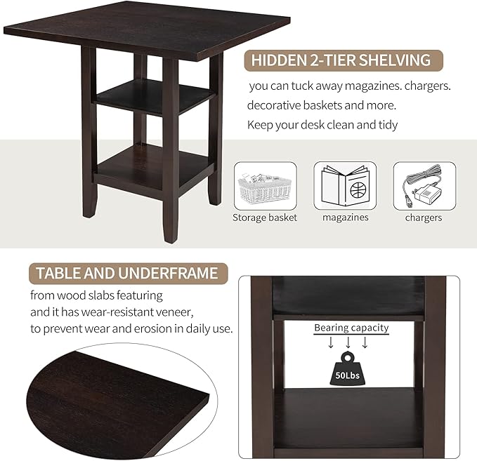 5 Piece Wooden Counter Height Set, Includes 1 Table, 4, Padded Chairs and Storage Shelving, for Dining, Living Room, Kitchen, Espresso - LeafyLoom