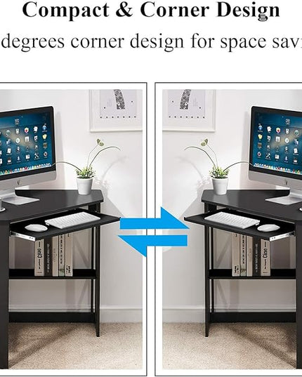 VECELO Corner Computer Desk Writing Smooth Keyboard Tray & Storage Shelves,Compact Home Office Triangle Table, Black - LeafyLoom