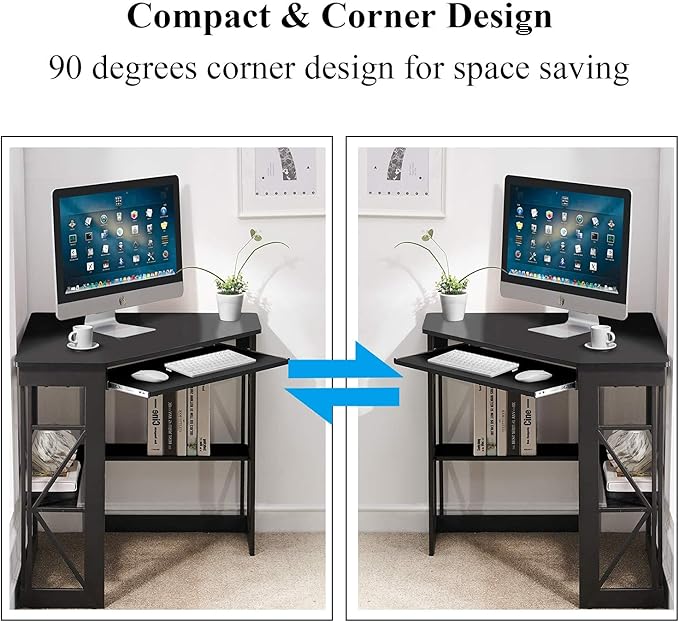 VECELO Corner Computer Desk Writing Smooth Keyboard Tray & Storage Shelves,Compact Home Office Triangle Table, Black - LeafyLoom