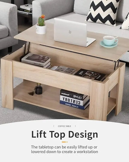 FDW Lift Top Coffee Table with Hidden Compartment and Storage Shelf Wooden Lift Tabletop for Home Living Room Reception Room Office (Natural) - LeafyLoom