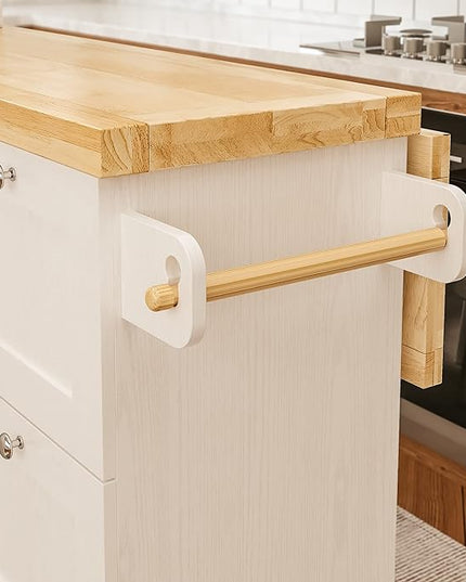 IRONCK Rolling Kitchen Island Cart with Drop-Leaf Countertop, Thicker Rubberwood Top, 3 Drawers, Barn Door Style Cabine, Spice Rack, on Wheels, for Kitchen and Dining Room, White - LeafyLoom
