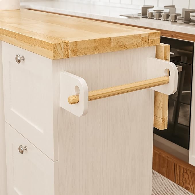 IRONCK Rolling Kitchen Island Cart with Drop-Leaf Countertop, Thicker Rubberwood Top, 3 Drawers, Barn Door Style Cabine, Spice Rack, on Wheels, for Kitchen and Dining Room, White - LeafyLoom