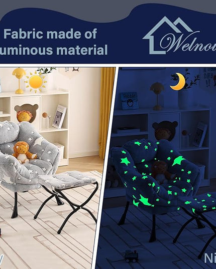 Welnow Toddler Kids Lazy Chair with Ottoman, Glow in The Dark Accent Comfy Lounge Children Armchair Couch with Removable Cover, Detachable Reading Chair with Footrest for Boy or Girl, Grey Star - LeafyLoom