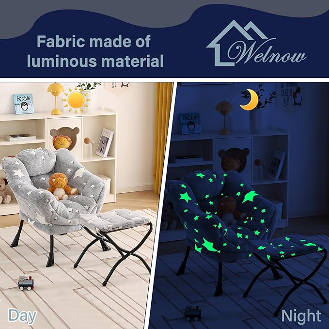 Welnow Toddler Kids Lazy Chair with Ottoman, Glow in The Dark Accent Comfy Lounge Children Armchair Couch with Removable Cover, Detachable Reading Chair with Footrest for Boy or Girl, Grey Star - LeafyLoom