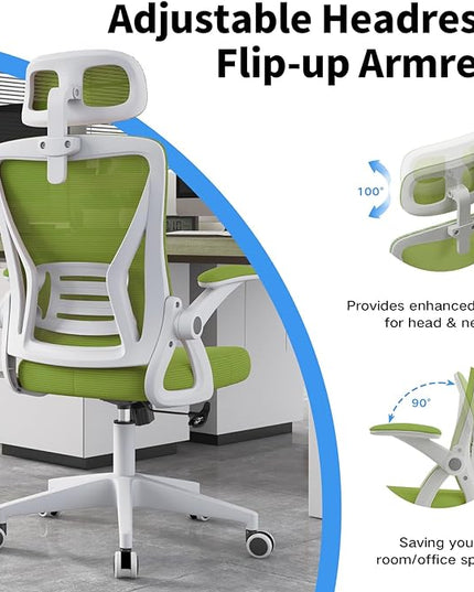 Ergonomic Office Chair, Mid Back Desk Chair with Adjustable Height, Swivel Chair with Flip-Up Arms and Lumbar Support, Breathable Mesh Computer Chair with Headrest (White and Green) - LeafyLoom