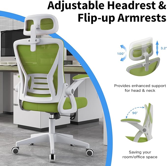 Ergonomic Office Chair, Mid Back Desk Chair with Adjustable Height, Swivel Chair with Flip-Up Arms and Lumbar Support, Breathable Mesh Computer Chair with Headrest (White and Green) - LeafyLoom