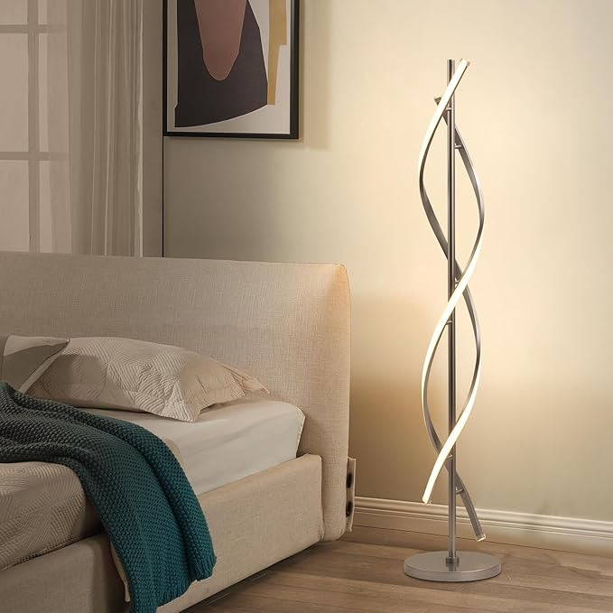 LED Floor Lamps for Living Room, Silver Modern Floor Lamp for Bedroom 60 Inch Spiral Floor Lamp 34W Dimmable 3 Color Temperature Standing Lamp with Timer Corner Floor Lamps for Living Room Clearance - LeafyLoom