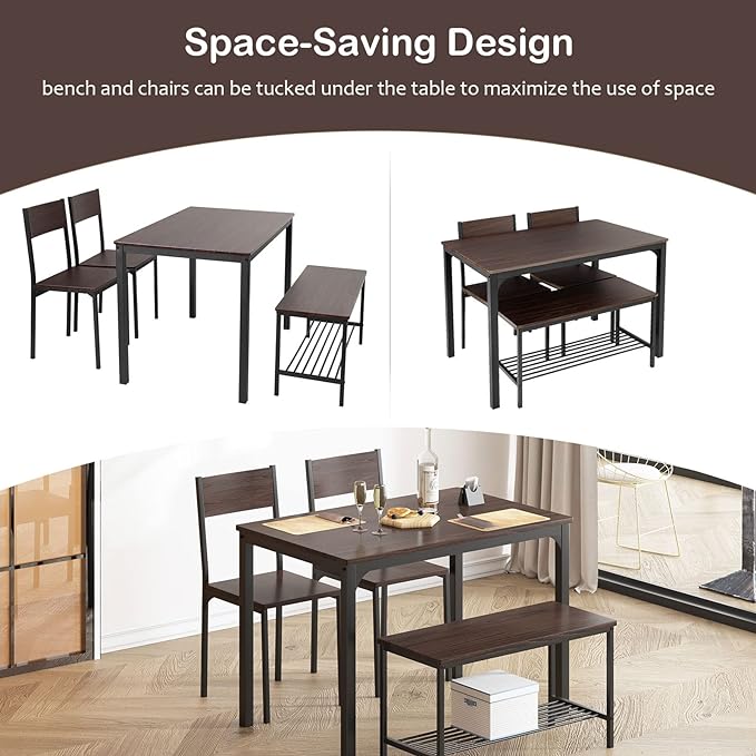 sogesfurniture 4 Piece Dining Table Set, Dining Table Set for 4, Kitchen Dinner Table with Benches for 4, includes Table, 2 Chairs & Bench, Brown - LeafyLoom