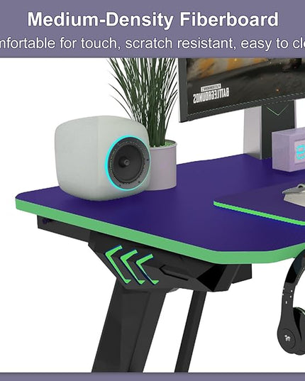Gaming Desk 47 inch, PC Computer Desk RGB Light Gaming Table with Cup Holder, Earphone Hook, Power Strip Box, Green - LeafyLoom