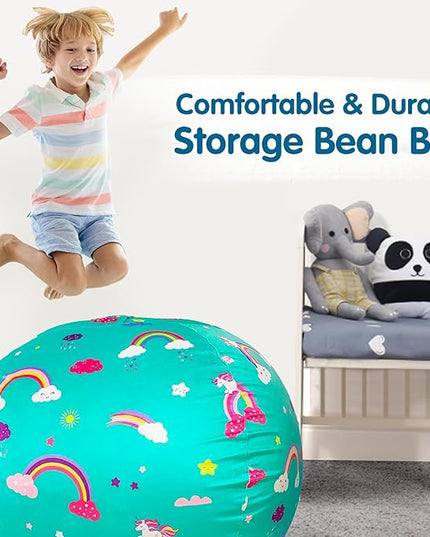 Lukeight Unicorns Stuffed Animal Storage Bean Bag Chair Cover for Kids, Unicorns Zipper Beanbag Chair Cover for Organizing Toddler & Kids' Rooms Plush Toys (Rainbow Green, Large) - LeafyLoom