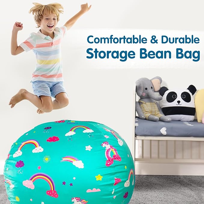 Lukeight Unicorns Stuffed Animal Storage Bean Bag Chair Cover for Kids, Unicorns Zipper Beanbag Chair Cover for Organizing Toddler & Kids' Rooms Plush Toys (Rainbow Green, X-Large) - LeafyLoom