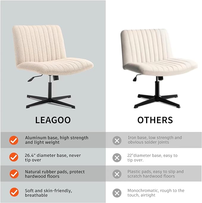 LEAGOO Armless Office Desk chair, Fabric Padded, Height Adjustable Wide Seat, Mid Back Ergonomic, Computer Task chair, Swivel Vanity chair with No Wheels (Mixed Color) - LeafyLoom