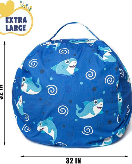 Stuffed Animal Storage Bean Bag Chair Cover, Hold Kids Plush Toys Blankets Towels Beanbag (Cover Only), Canvas Floor Circle Stuff Sit Seat Sofa with YKK Zipper, Large 32", Blue Shark - LeafyLoom
