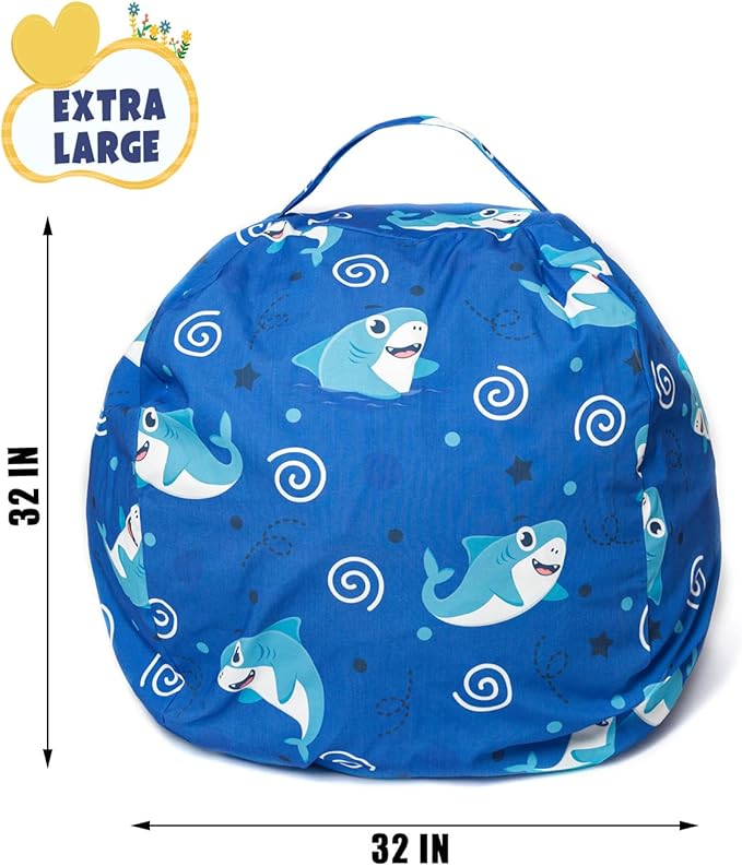 Stuffed Animal Storage Bean Bag Chair Cover, Hold Kids Plush Toys Blankets Towels Beanbag (Cover Only), Canvas Floor Circle Stuff Sit Seat Sofa with YKK Zipper, Large 32", Blue Shark - LeafyLoom
