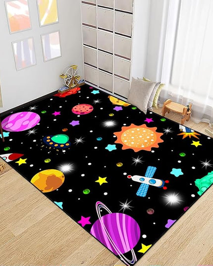 Space Rug-Space Rug for Boys Room Solar System Rug Planet Carpet for Kids Outer Space Area Rug Bedroom Boys Kids Rugs for Playroom Boys Bedroom,Black,3'×5' - LeafyLoom
