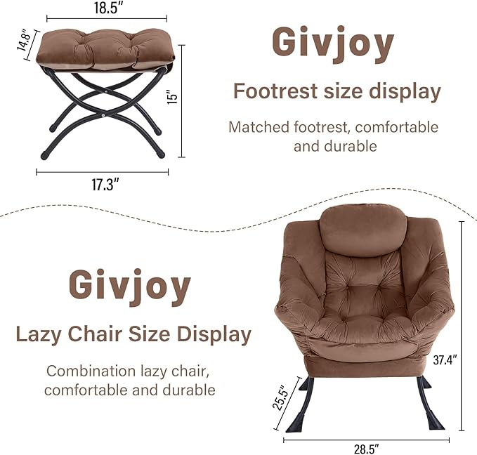 Cozy Lazy Chair and Ottoman, Large Contemporary Accent Lounge Chair Set, Leisure Upholstered Reading Armchair for Bedroom, Living Room, Dorm Rooms, Office - LeafyLoom