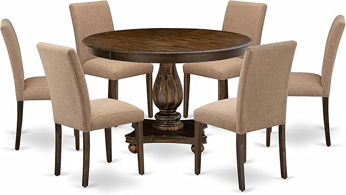 East West Furniture F2AB7-747 Ferris 7 Piece Room Set Consist of a Round Dining Table with Pedestal and 6 Light Sable Linen Fabric Upholstered Chairs, 48x48 Inch - LeafyLoom