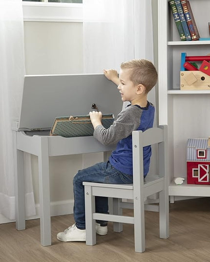 Melissa & Doug Wooden Lift-Top Desk & Chair - Gray , Grey - Toddler And Kids , For Ages 3+ With Self-Containted Storage And Chair Set - LeafyLoom