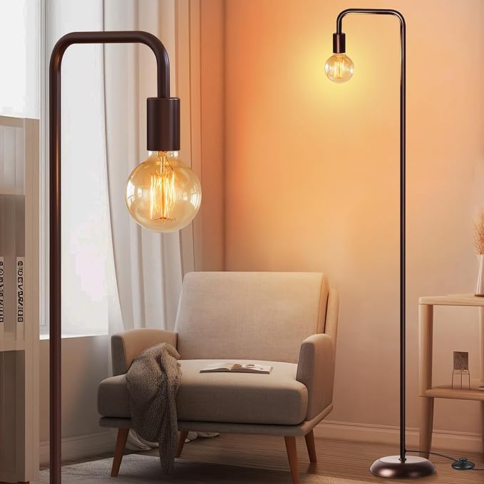 QiMH Industrial Floor Lamp for Living Room, Farmhouse Metal Standing Lamp, Modern Tall Lamp Light for Bedroom Office Minimalist Home Decor(E26 Socket, Foot Switch), Brown - LeafyLoom