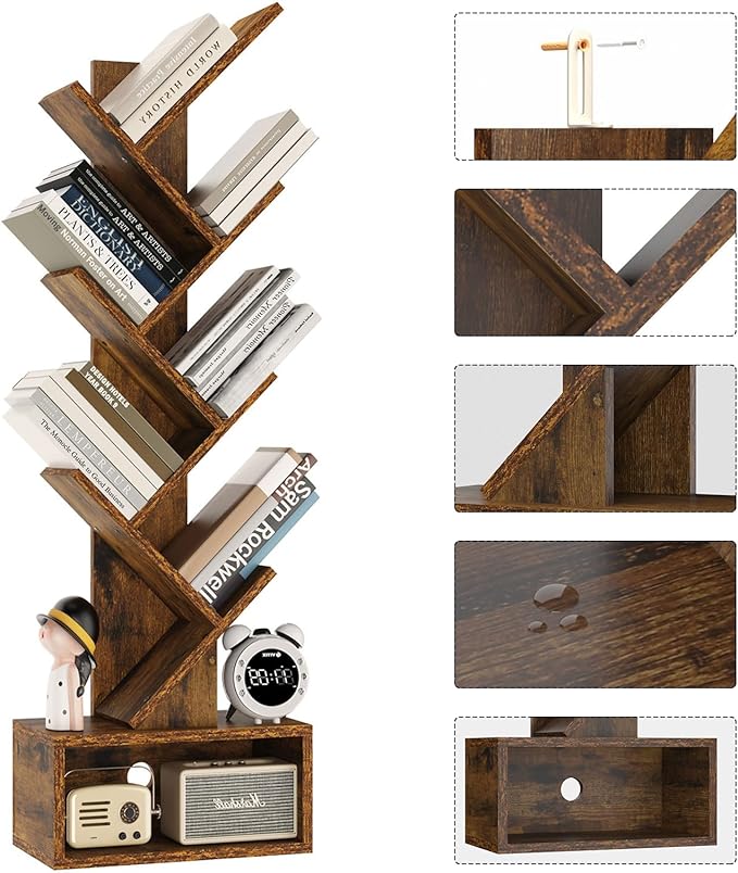 YMYNY 6 Tier Tree Bookshelf, Tall Bookcase, Wood Book Storage Rack with Drawer, Modern Floor Standing Book Shelf for Books/Movies/CDs, Utility Organizer for Living Room, Office, Rustic Brown UHBC016H - LeafyLoom