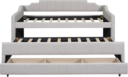 Merax Twin Size Upholstered Daybed with Trundle and Three Storage Drawers, Comfy Sofa-Bed & Padded Backrest for Living Room, Guest Room, Apartments, Both Side Armrests, Solid Wood Slats Support, Beige - LeafyLoom