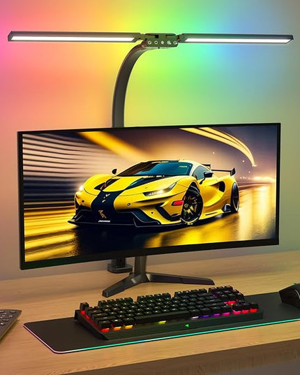 Upgraded LED Desk Lamp for Home Office with RGB, Rotatable Computer Desk Light with Remote, Eye Caring Table Lamp with Clamp for Study, Dimmable Dual Head Desk Lighting for Monitor PC, 22W - LeafyLoom