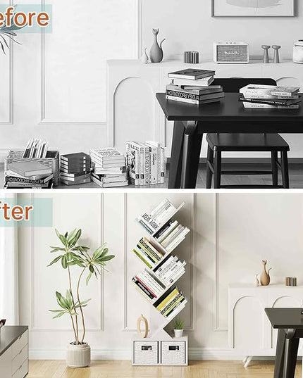 Vagusicc 6 Tier Tree Bookshelf - Modern Shelf Floor Standing Bookcase with Baskets, Tall Wood Book Storage Rack for Books/CDs, Tree Utility Book Organizer Shelves for Living Room, Home Office, Bedroom - LeafyLoom