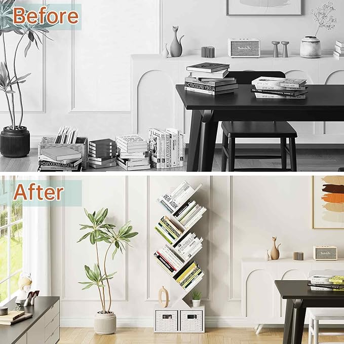 Vagusicc 6 Tier Tree Bookshelf - Modern Shelf Floor Standing Bookcase with Baskets, Tall Wood Book Storage Rack for Books/CDs, Tree Utility Book Organizer Shelves for Living Room, Home Office, Bedroom - LeafyLoom