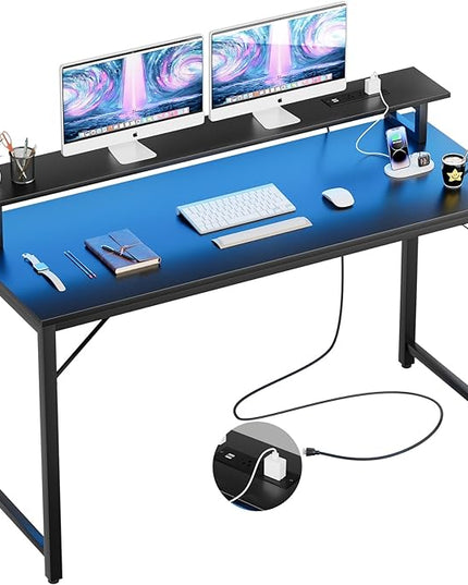 55 inch Computer Desk with Power Outlets, Office Desk Gaming desk with LED Lights, Home Office Desk with Monitor Shelf, Modern Work Desk Study Writing Table for Bedroom, Black - LeafyLoom