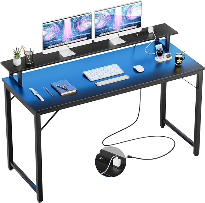 55 inch Computer Desk with Power Outlets, Office Desk Gaming desk with LED Lights, Home Office Desk with Monitor Shelf, Modern Work Desk Study Writing Table for Bedroom, Black - LeafyLoom