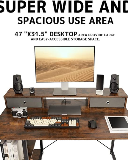 TOPSKY 47”x 31.5” Computer Desk with Drawers, Monitor Stand, Storage Shelf, 3-Port Charging Station (BAMBOO) - LeafyLoom