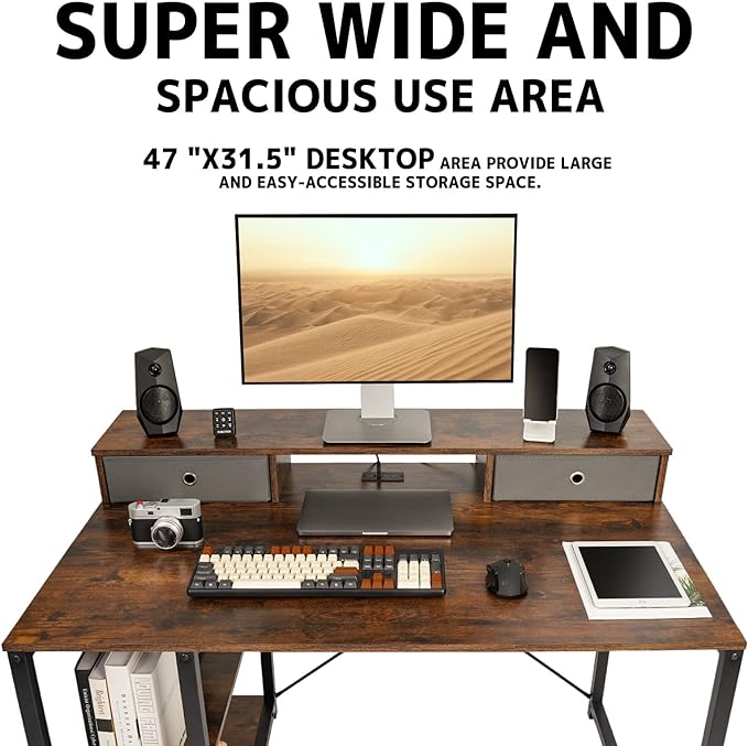 TOPSKY 47”x 31.5” Computer Desk with Drawers, Monitor Stand, Storage Shelf, 3-Port Charging Station (RUSTIC BROWN) - LeafyLoom
