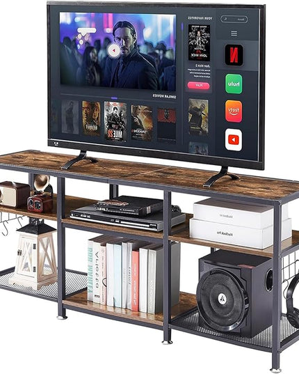 VECELO 55" TV Stand for 55/60/65 Inch Television, Entertainment Center with Storage Shelves & Hooks, 3-Tier Modern Wooden Console Table for Living, Bedroom and Gaming Room, 55 Inch, Retro Brown - LeafyLoom