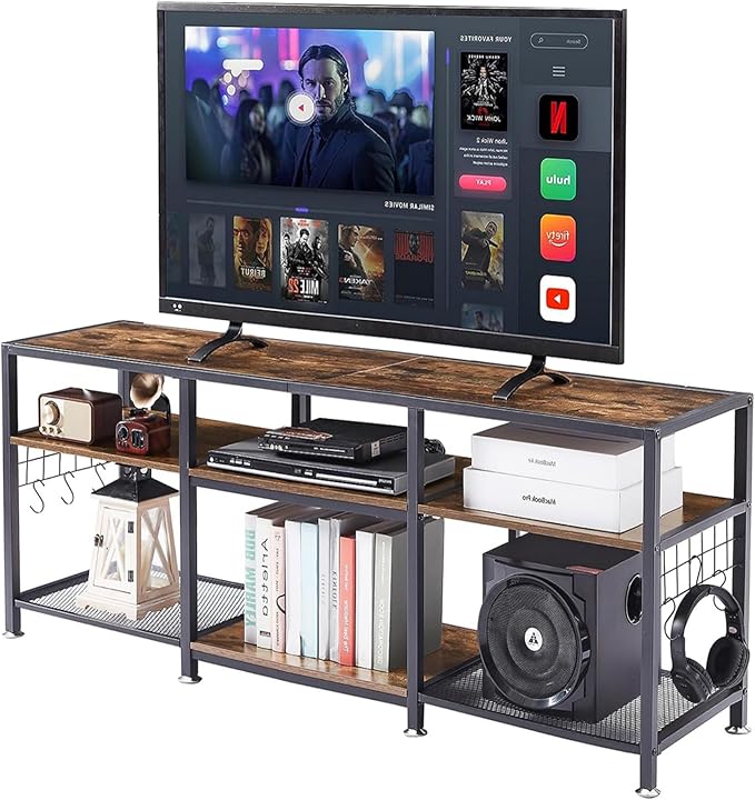 VECELO 55" TV Stand for 55/60/65 Inch Television, Entertainment Center with Storage Shelves & Hooks, 3-Tier Modern Wooden Console Table for Living, Bedroom and Gaming Room, 55 Inch, Retro Brown - LeafyLoom