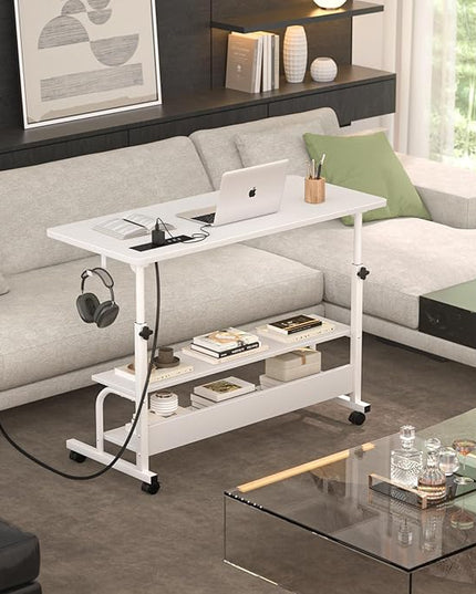 Height Adjustable Standing Desk with Power Outlets, 32" Manual Stand Up Desk with Storage Shelves Small Mobile Rolling Computer Desk Portable Laptop Table with Wheels for Home Office, White - LeafyLoom