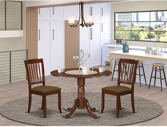 East West Furniture DLDA3-MAH-C Dublin 3 Piece Modern Set Contains a Round Wooden Table with Dropleaf and 2 Linen Fabric Dining Room Chairs, 42x42 Inch, Mahogany - LeafyLoom