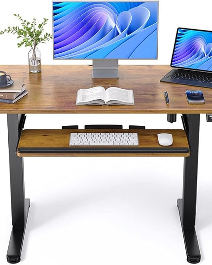 ErGear Electric Standing Desk with Full Size Keyboard Tray, Adjustable Height Sit Stand Up Desk, Home Office Desk Computer Workstation, 48x24 Inches, Vintage Brown - LeafyLoom