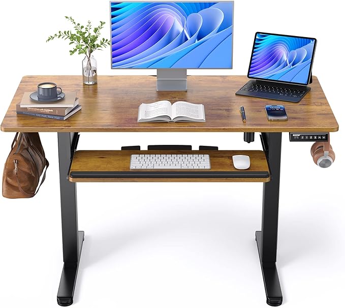 ErGear Electric Standing Desk with Full Size Keyboard Tray, Adjustable Height Sit Stand Up Desk, Home Office Desk Computer Workstation, 48x24 Inches, Vintage Brown - LeafyLoom