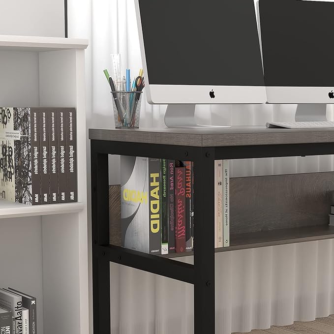 TOPSKY Computer Desk with Bookshelf/Metal Hole Cable Cover 1.18" Thick Desk (55", Espresso Gray) - LeafyLoom