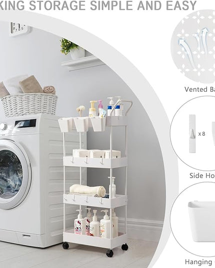 danpinera Storage Cart, 4 Tier Narrow Rolling Storage Cart with Wheels Dividers Bathroom Cart Organizer Slim Laundry Cart with Handle Hanging Cups Hooks, White - LeafyLoom