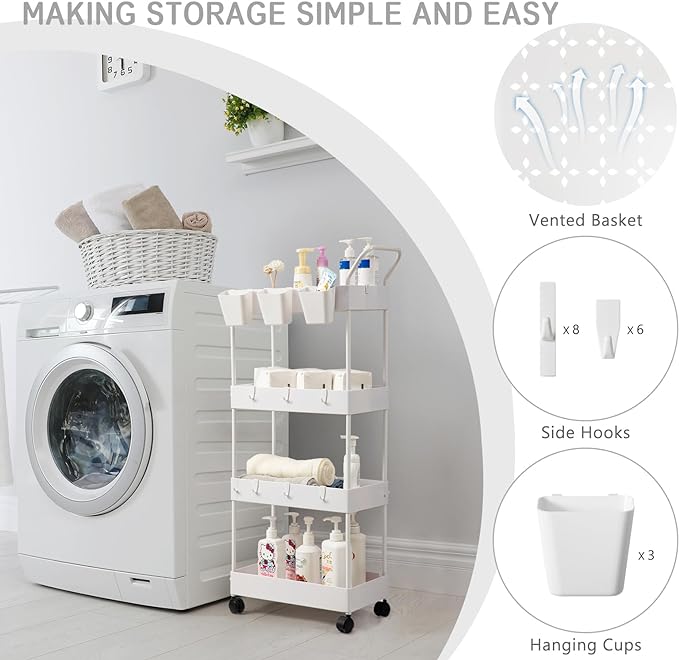 danpinera Storage Cart, 4 Tier Narrow Rolling Storage Cart with Wheels Dividers Bathroom Cart Organizer Slim Laundry Cart with Handle Hanging Cups Hooks, White - LeafyLoom