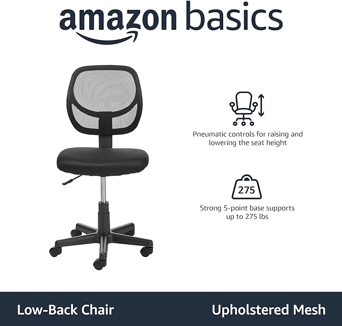 Amazon Basics Office Computer Task Desk Chair, Low-Back, Pneumatic Seat, Breathable Mesh, Adjustable, Swivel, BIFMA Certified, 21.25"D x 22.5"W x 38"H, 270 Pound Capacity, Black Nylon - LeafyLoom