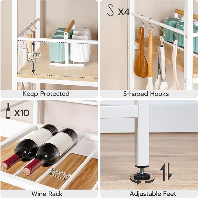 HOOBRO Kitchen Island with Storage, Kitchen Island Table with Power Outlet, 3 Tier Coffee Station and Microwave Stand, for Home, Kitchen and Dining Room, Natural and White WN021ZD01 - LeafyLoom