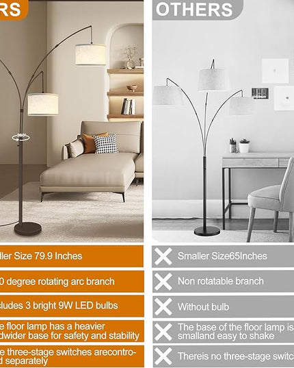 Arc Floor Lamps for Living Room,Modern Mid Century Tall Standing Floor Lamp with Heavy Base for Bedroom Office,3-Light Floor Lamp with Adjustable Hanging and 3 LED Bulbs (Brown+Beige Shade) - LeafyLoom