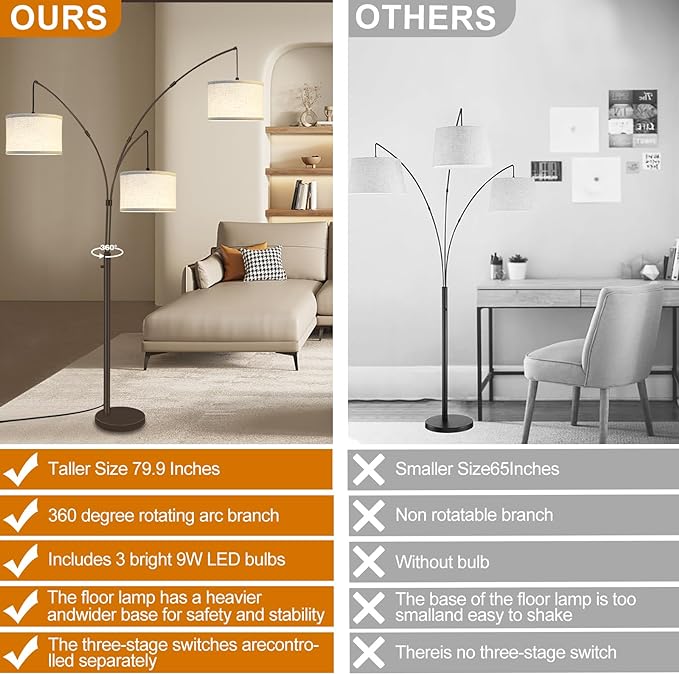 Arc Floor Lamps for Living Room,Modern Mid Century Tall Standing Floor Lamp with Heavy Base for Bedroom Office,3-Light Floor Lamp with Adjustable Hanging and 3 LED Bulbs (Brown+Beige Shade) - LeafyLoom